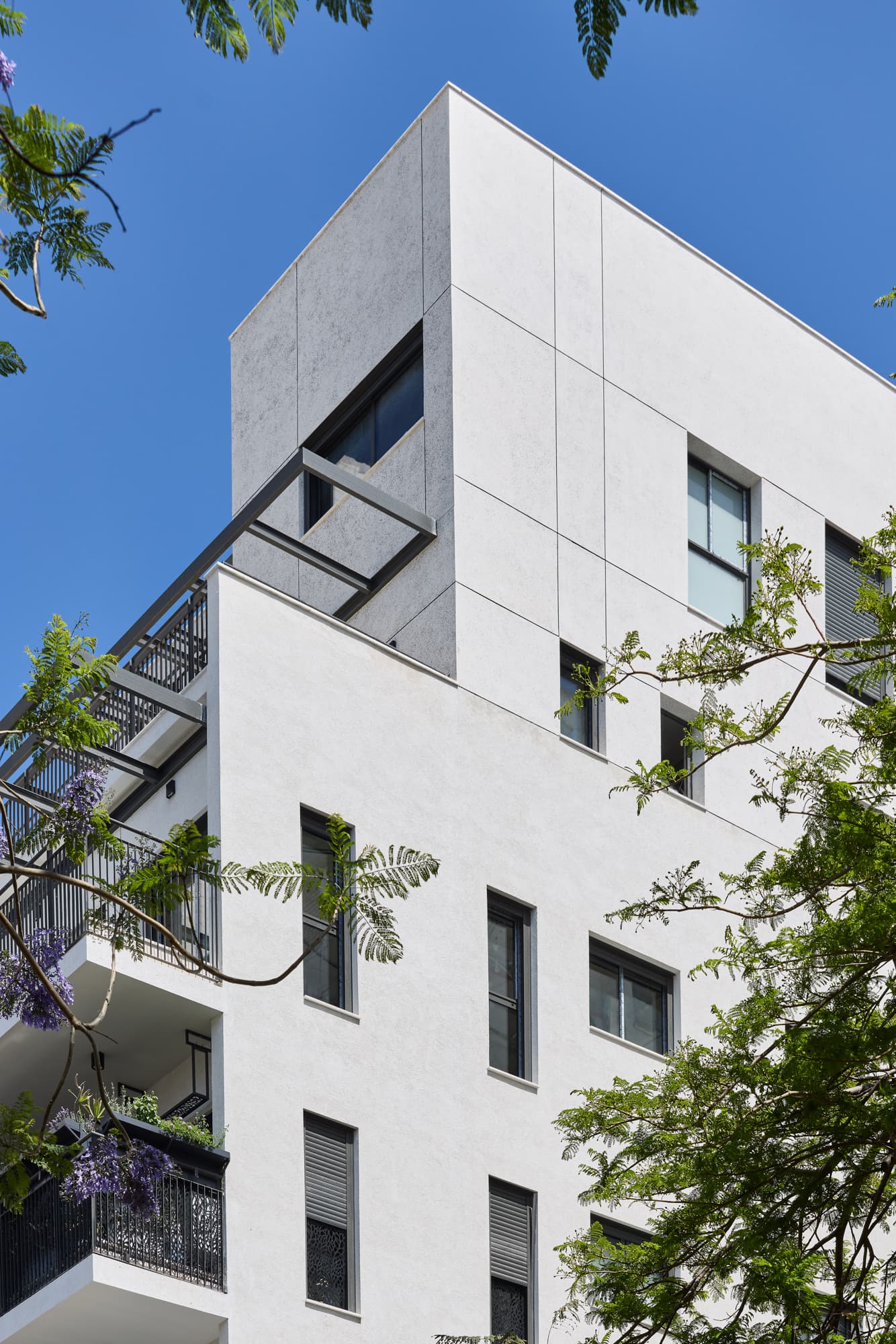 Partie supérieure de la façade et pergola du penthouse de Beeri 19